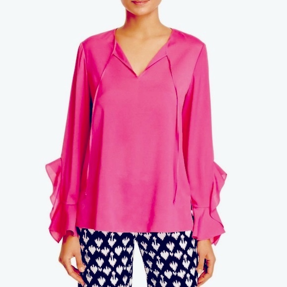 NWT (S) Le Gali pink sunset Ava blouse oversized fit chiffon ruffle sleeve top